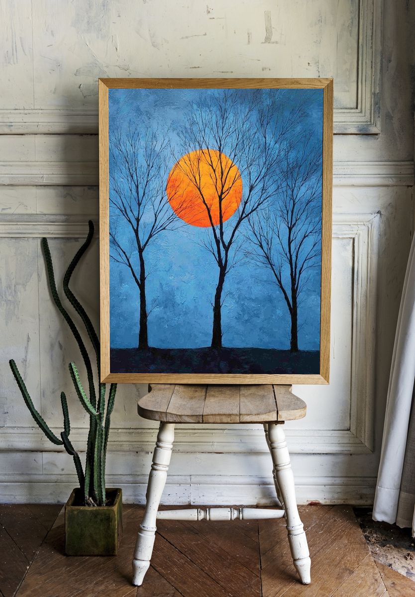 Moonlit Trees Abstract Print. room preview
