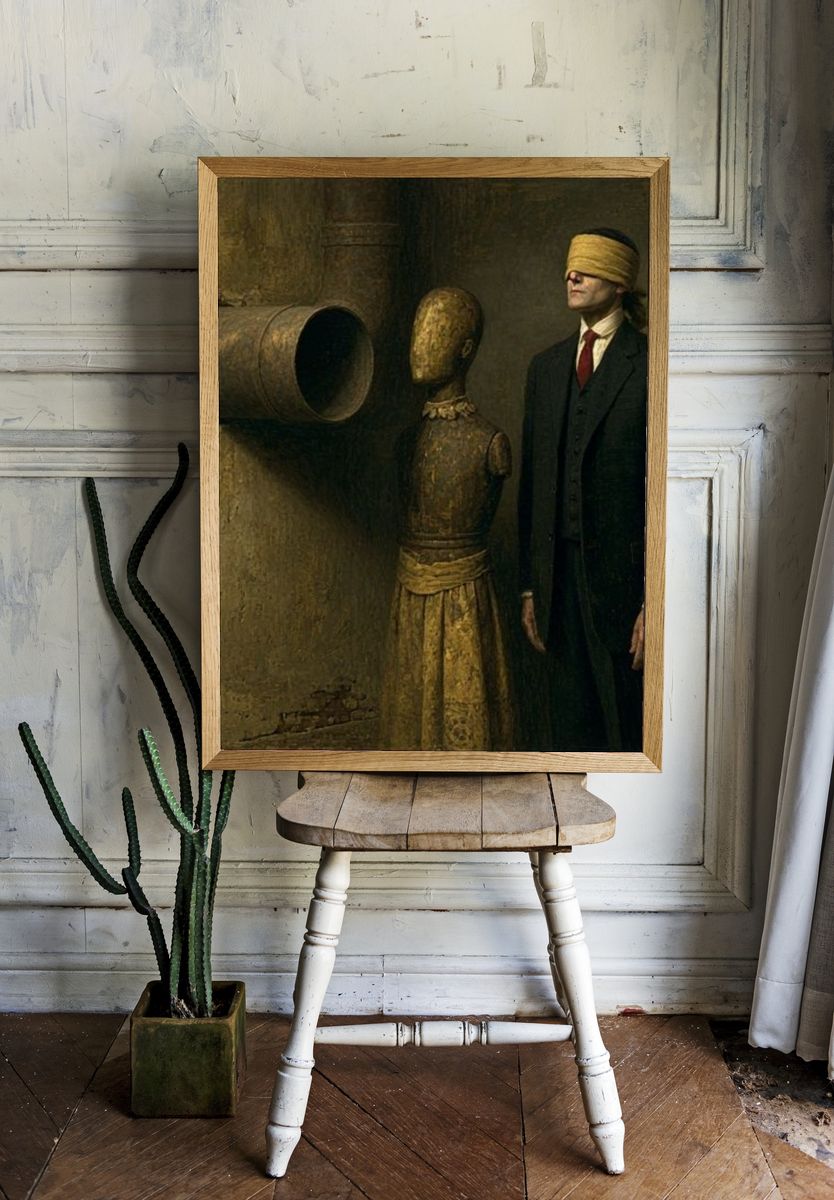Blindfolded Man Surrealism Print. — room view 1