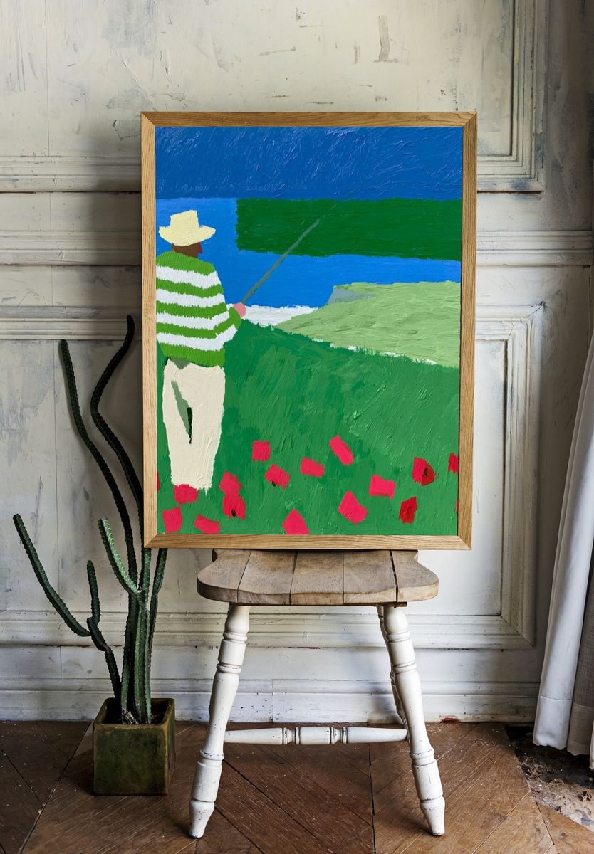 Lone Fisherman by the Sea Print. room preview