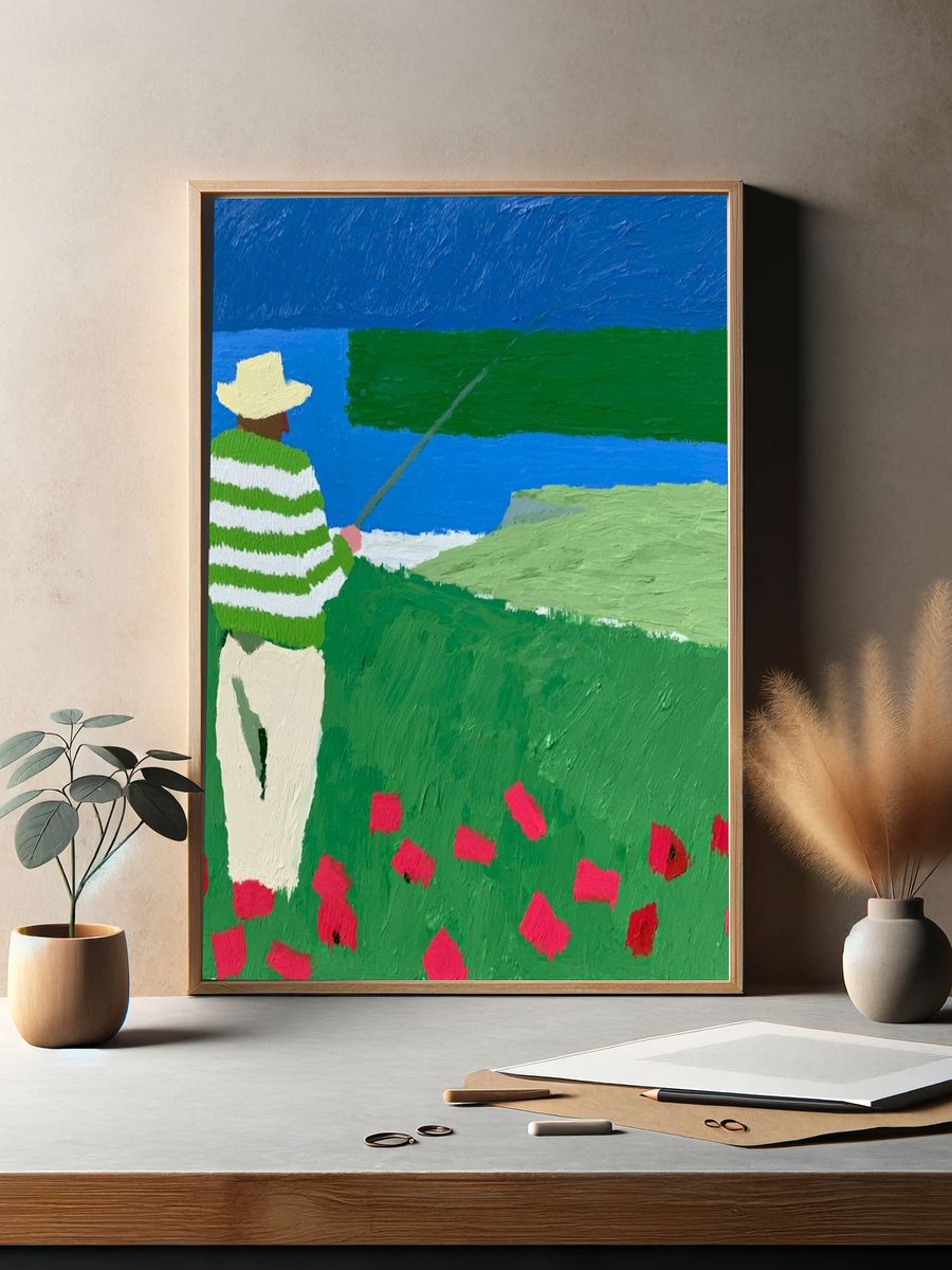 Lone Fisherman by the Sea Print. — room view 2