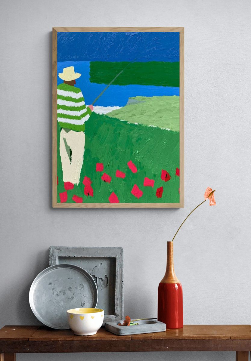 Lone Fisherman by the Sea Print. — room view 3