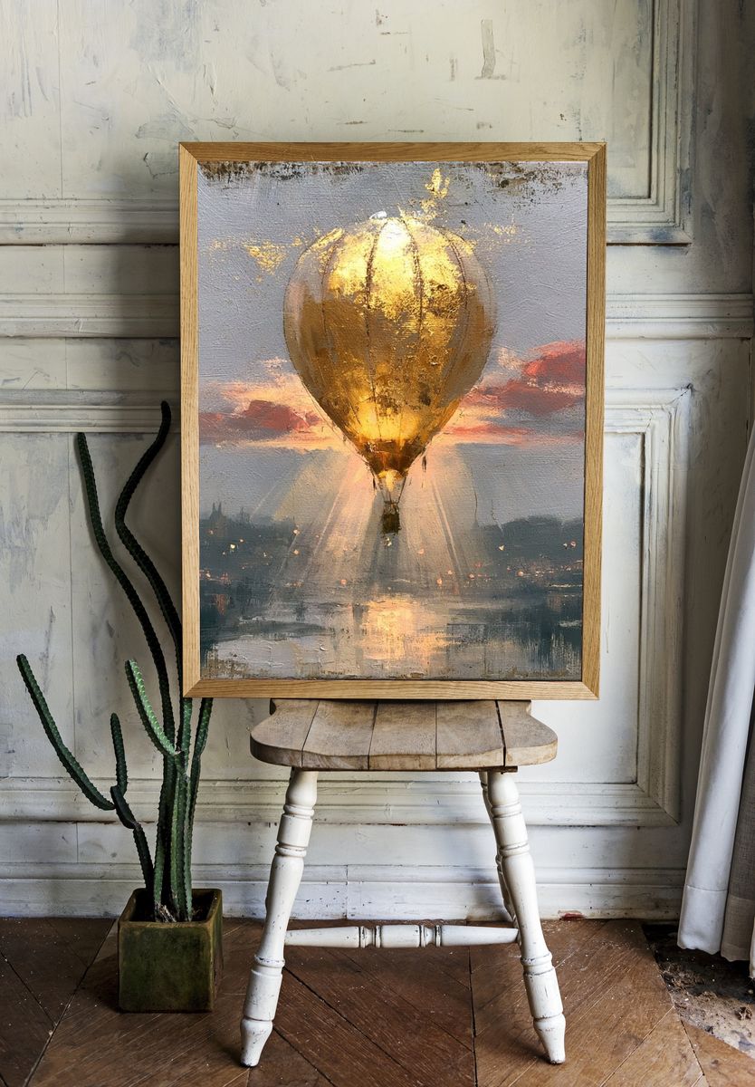 Golden Hot Air Balloon Sunset Print. — room view 1