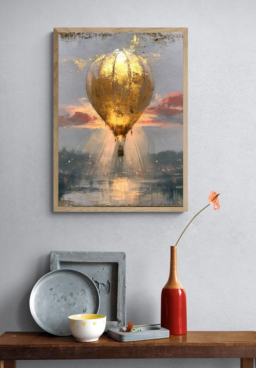 Golden Hot Air Balloon Sunset Print. — room view 3