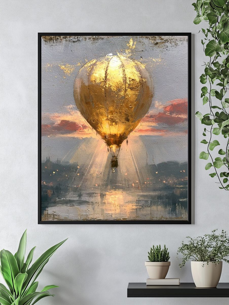 Golden Hot Air Balloon Sunset Print. — room view 4