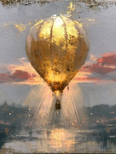 Golden Hot Air Balloon Sunset Print. poster