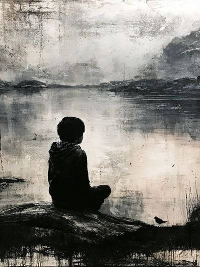 Solitary Figure by the Lake Print. poster print