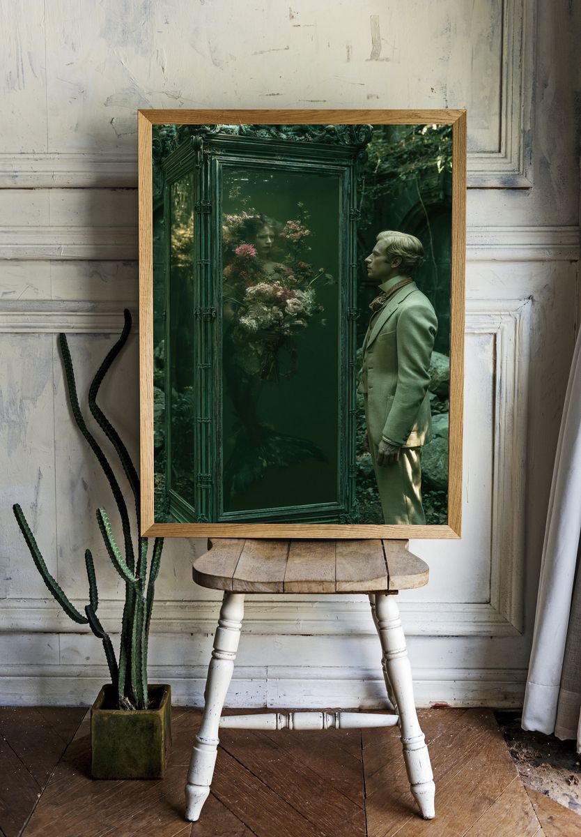 Surreal Green Mirror Portrait Print. — room view 1