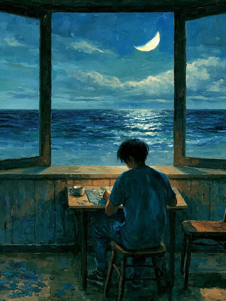 Moonlit Seaside Window — Fine-Art Print. poster detail