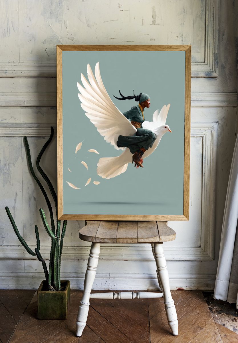 Woman Riding Dove Illustration Poster. room preview