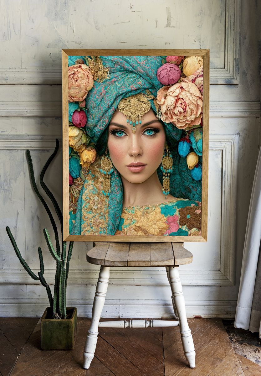 Turquoise Floral Portrait Print. — room view 1