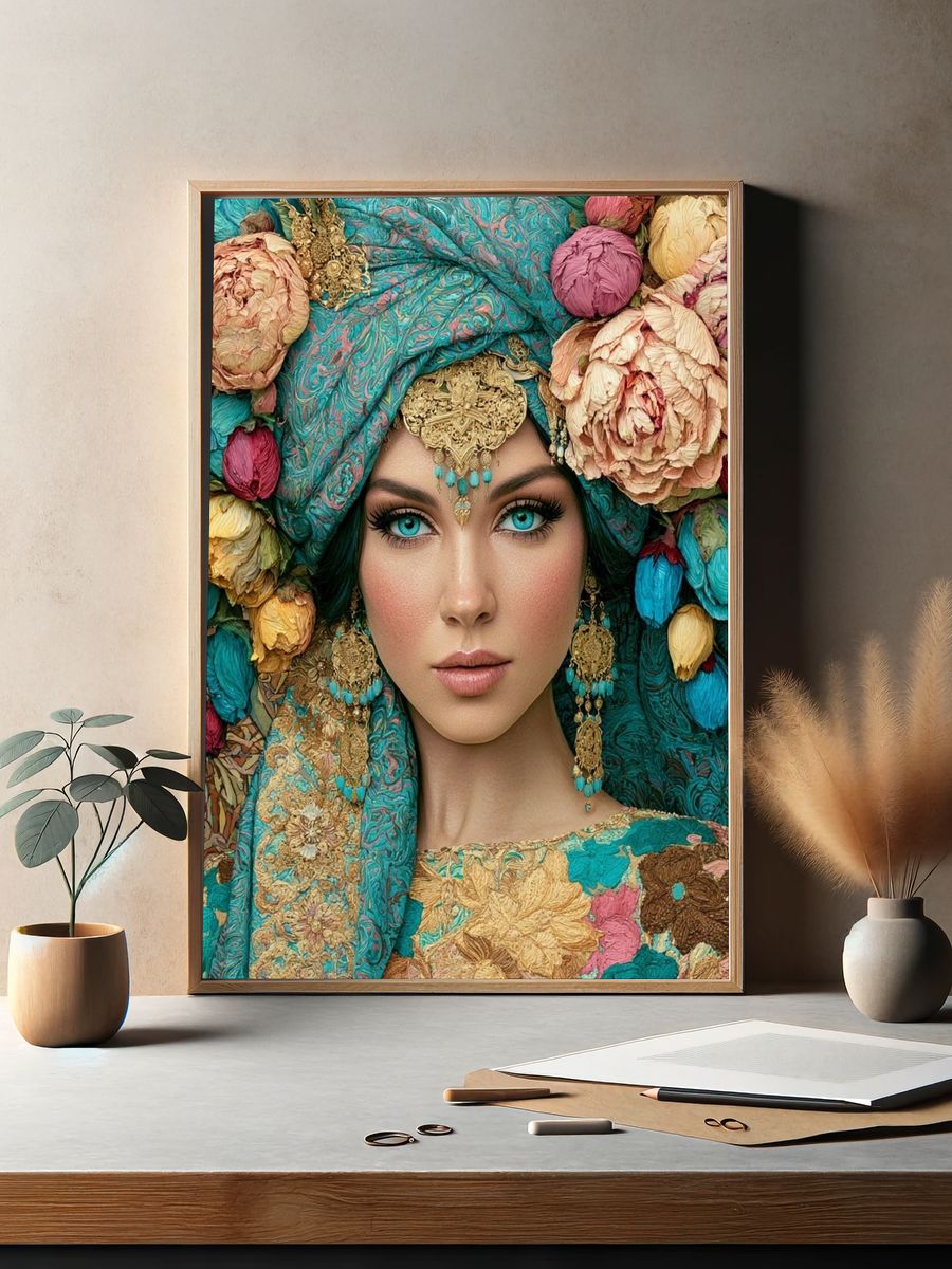 Turquoise Floral Portrait Print. — room view 2