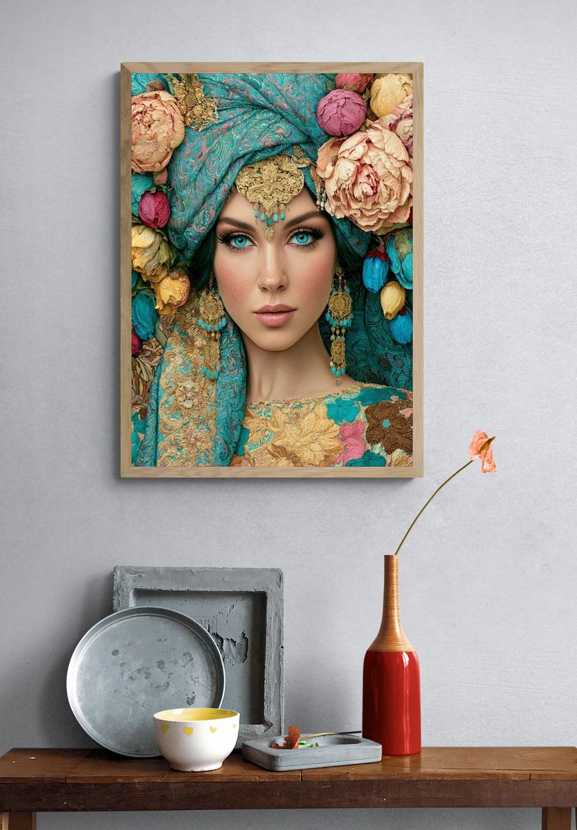 Turquoise Floral Portrait Print. — room view 3