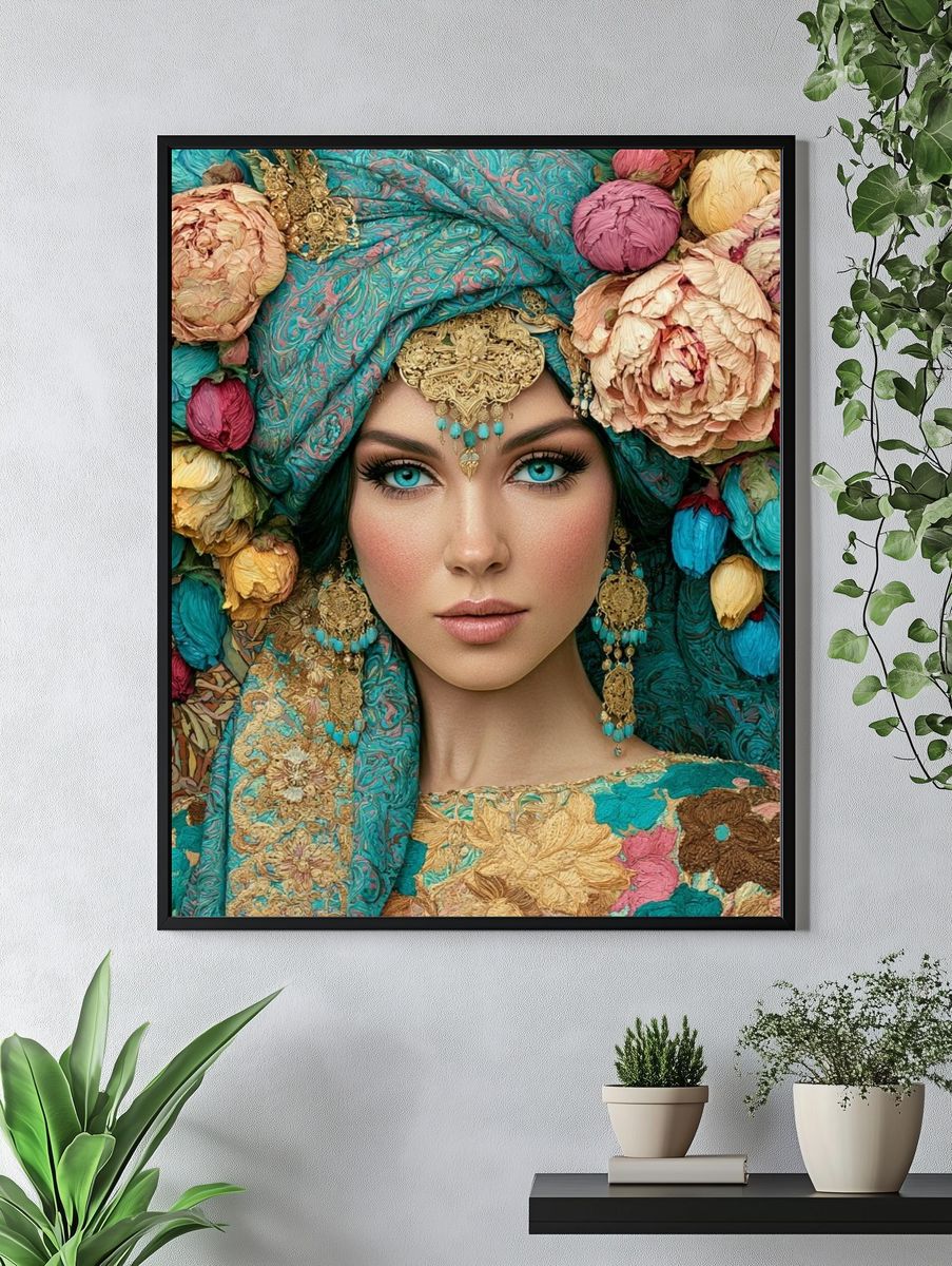 Turquoise Floral Portrait Print. — room view 4