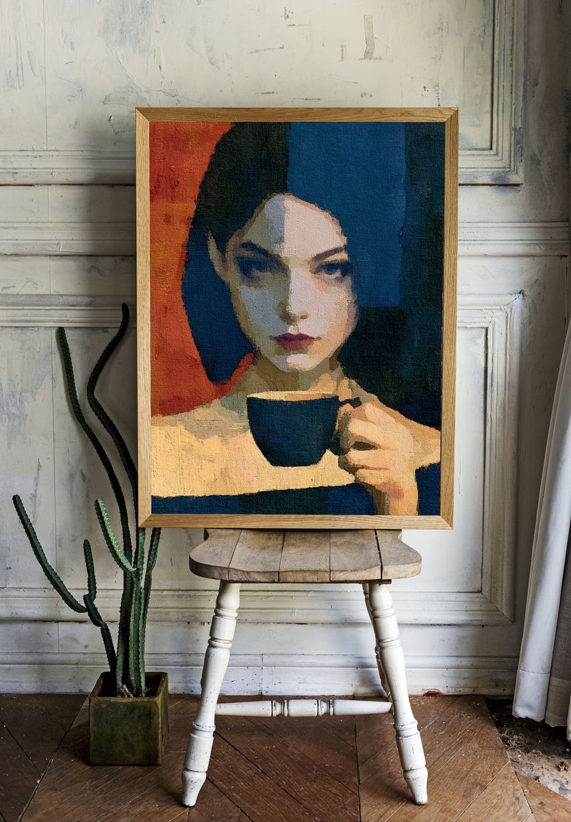 Moody Portrait with Cup Print. — room view 1