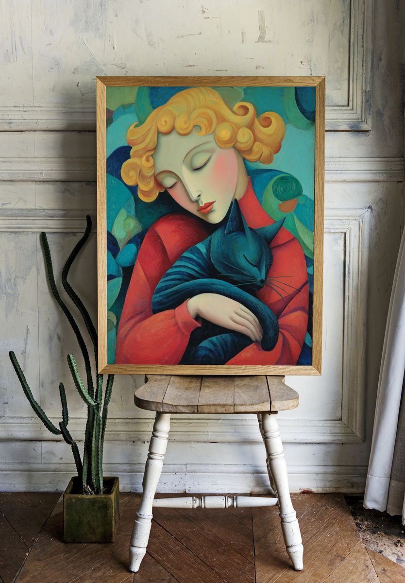 Sleeping Woman with Cat Print. — room view 1