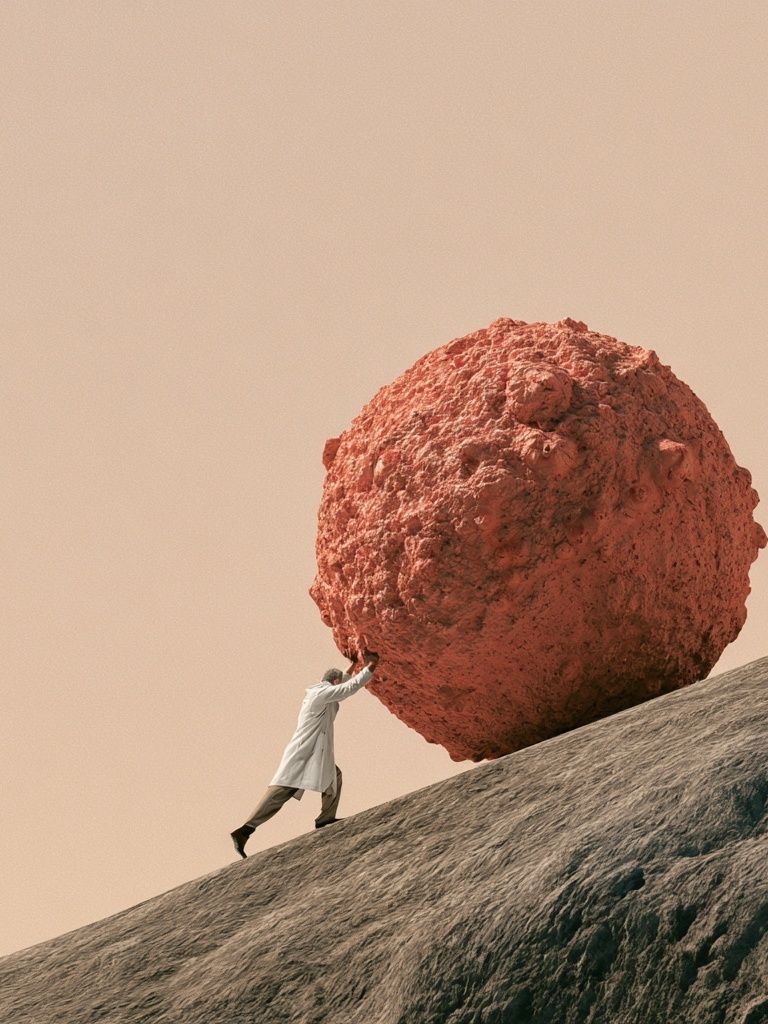 Man Pushing Boulder Surrealism Print. poster detail
