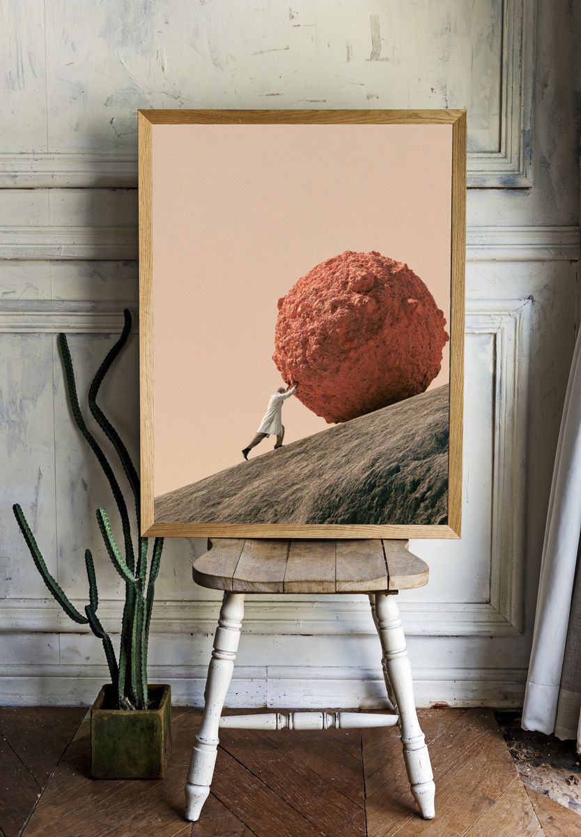 Man Pushing Boulder Surrealism Print. room preview