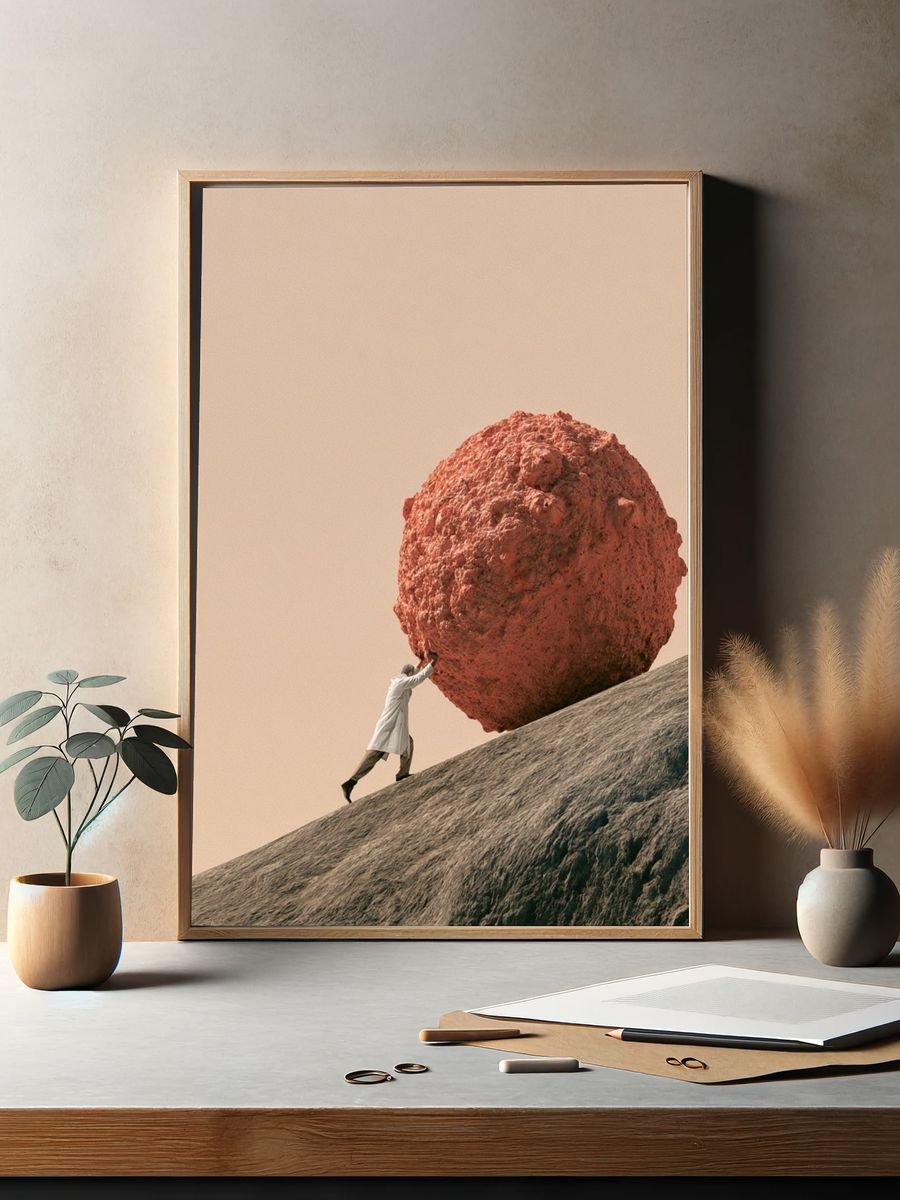 Man Pushing Boulder Surrealism Print. — room view 2