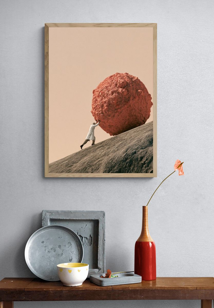 Man Pushing Boulder Surrealism Print. — room view 3