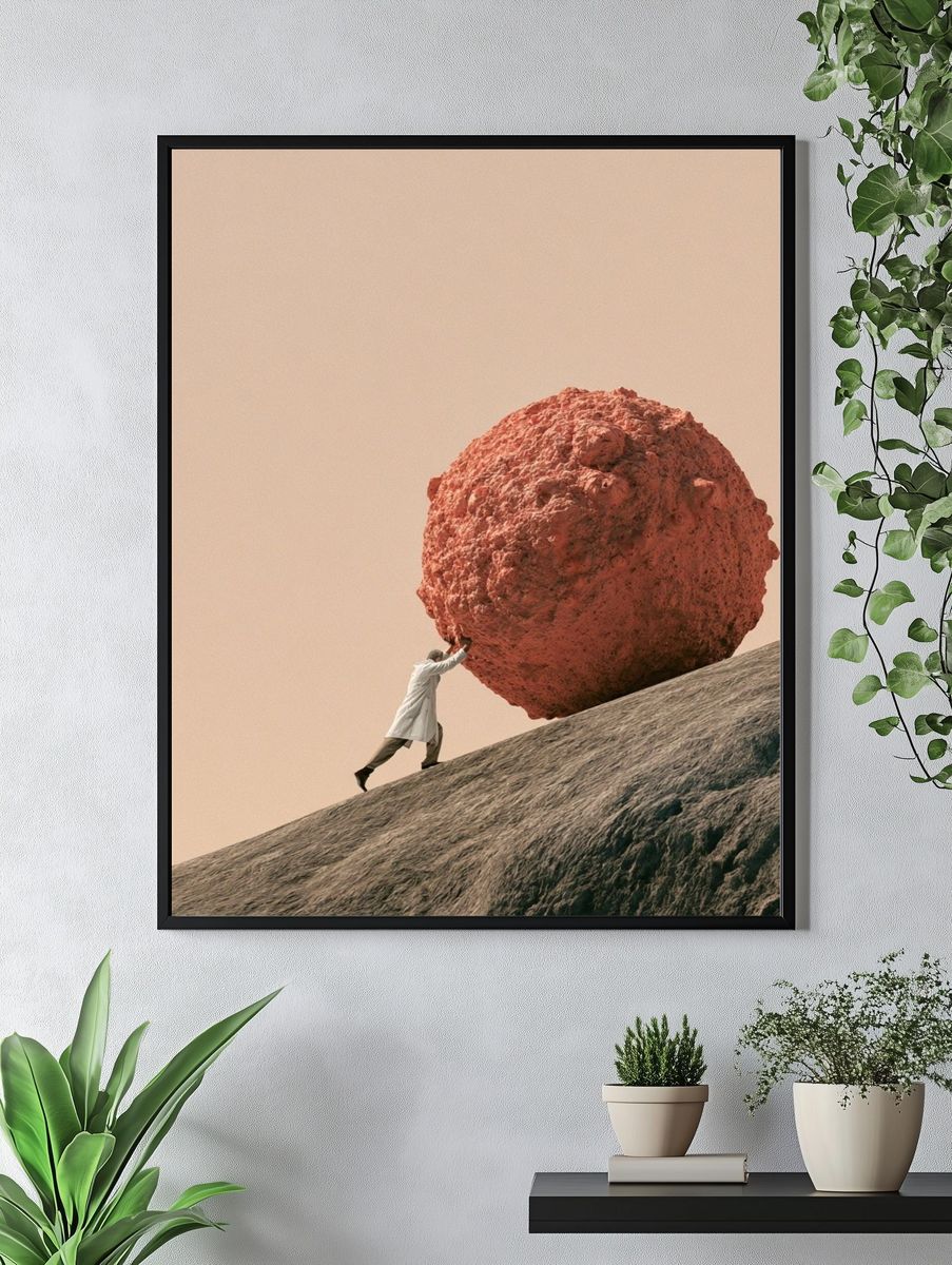 Man Pushing Boulder Surrealism Print. — room view 4