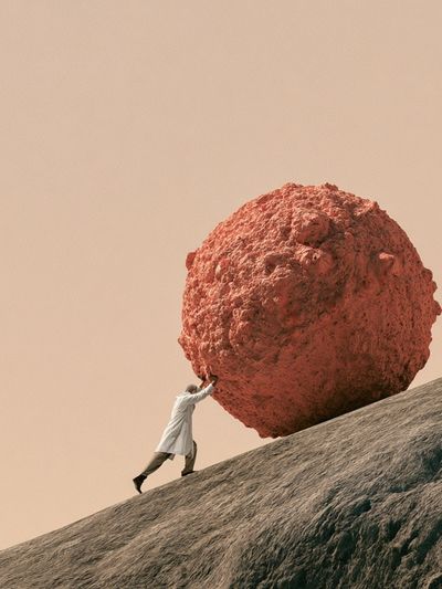 Man Pushing Boulder Surrealism Print. poster