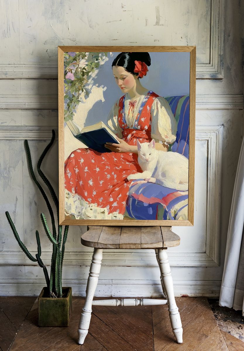 Girl Reading with White Cat Print. room preview