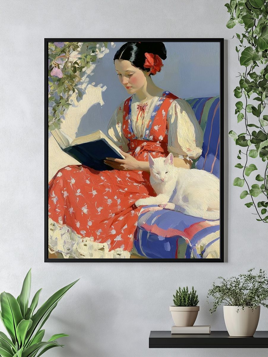 Girl Reading with White Cat Print. — room view 4