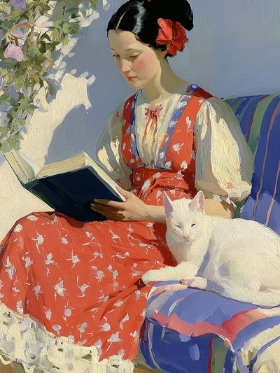 Girl Reading with White Cat Print. poster print