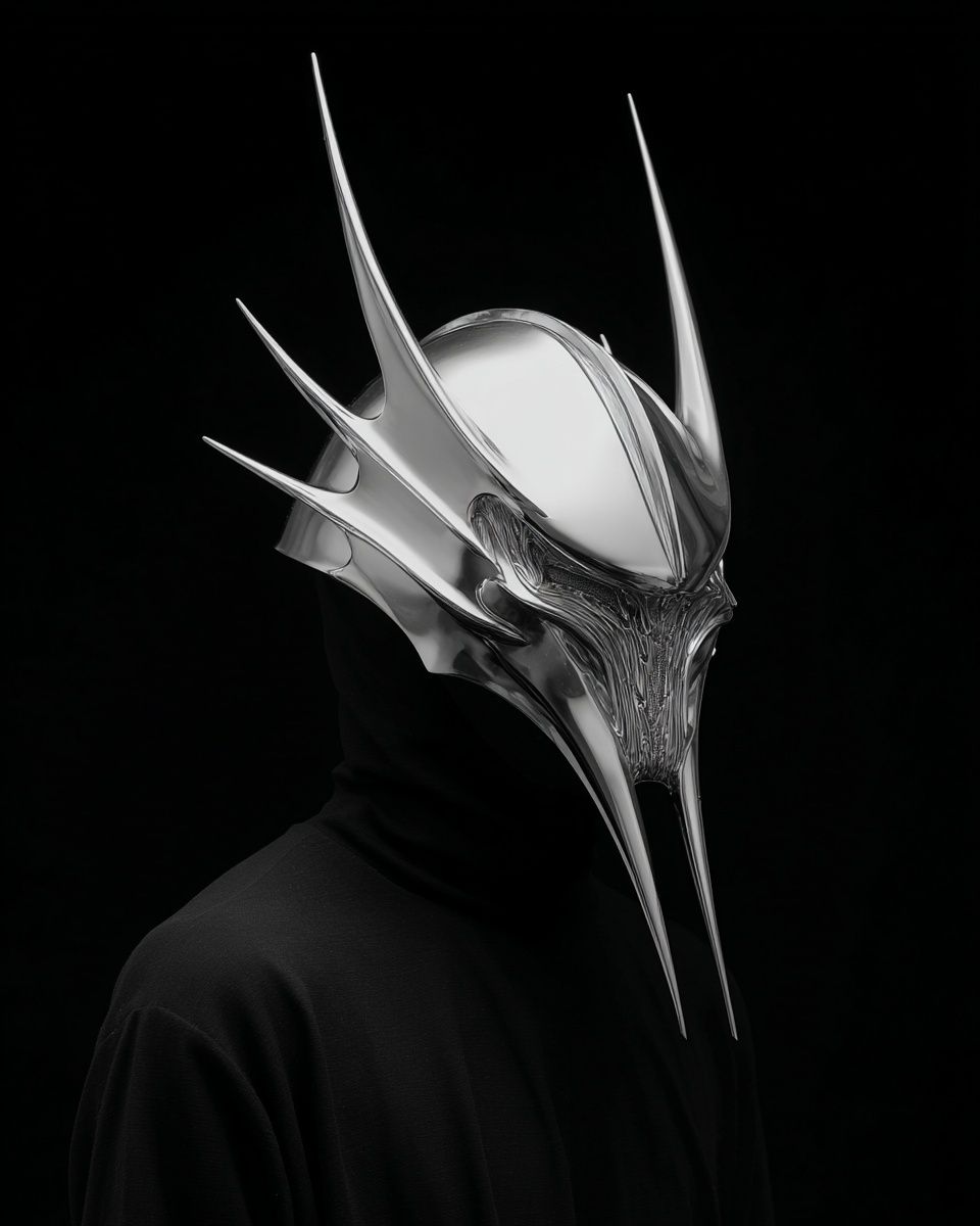 Chrome Horned Mask Portrait Print. poster — fine-art art