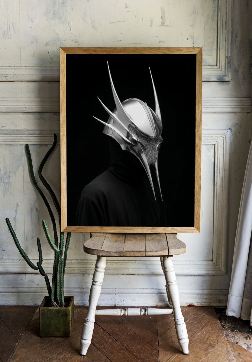 Chrome Horned Mask Portrait Print. room preview