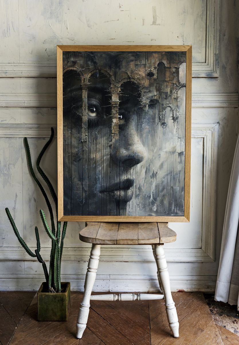 Surreal Face in Ruins Print. — room view 1
