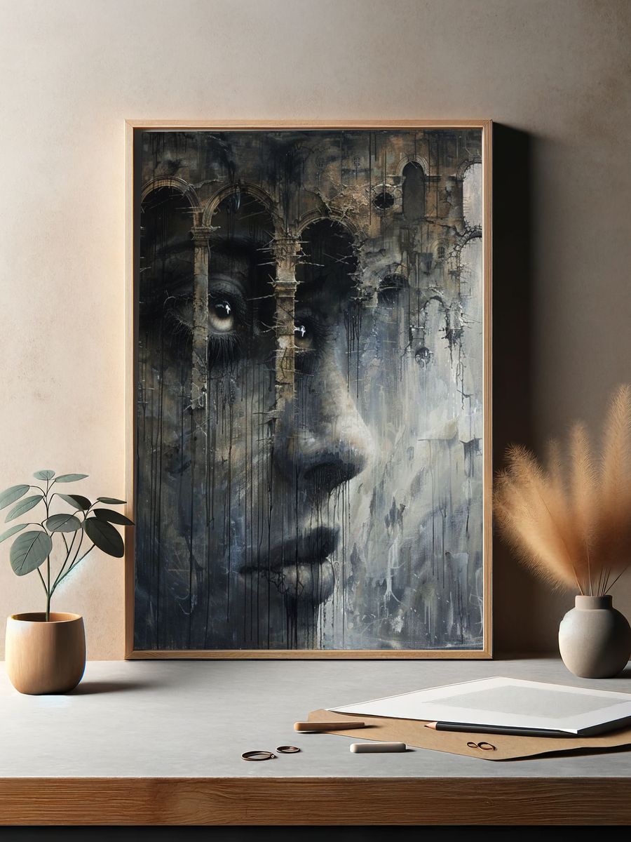 Surreal Face in Ruins Print. — room view 2