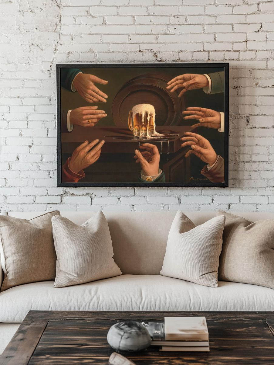 Seven male hands encircling mug. room preview