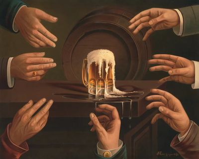 Seven male hands encircling mug.