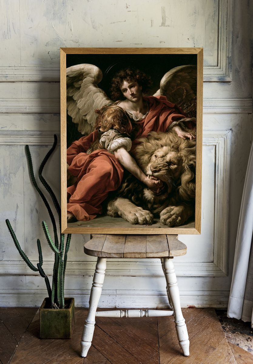 Archangel and Lion Renaissance Print. room preview