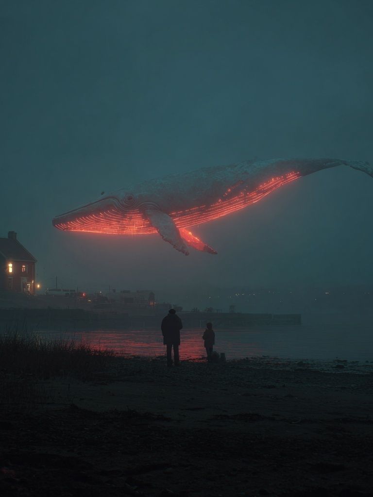 Glowing Whale Over Foggy Shore Print. poster — fine-art art