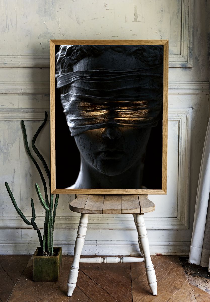Blindfolded Statue Surrealism Print. room preview