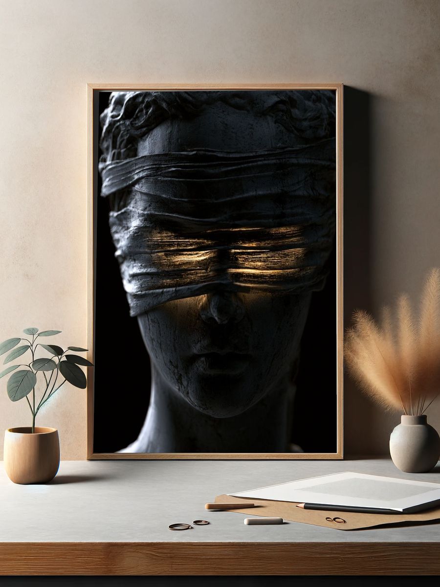 Blindfolded Statue Surrealism Print. — room view 2
