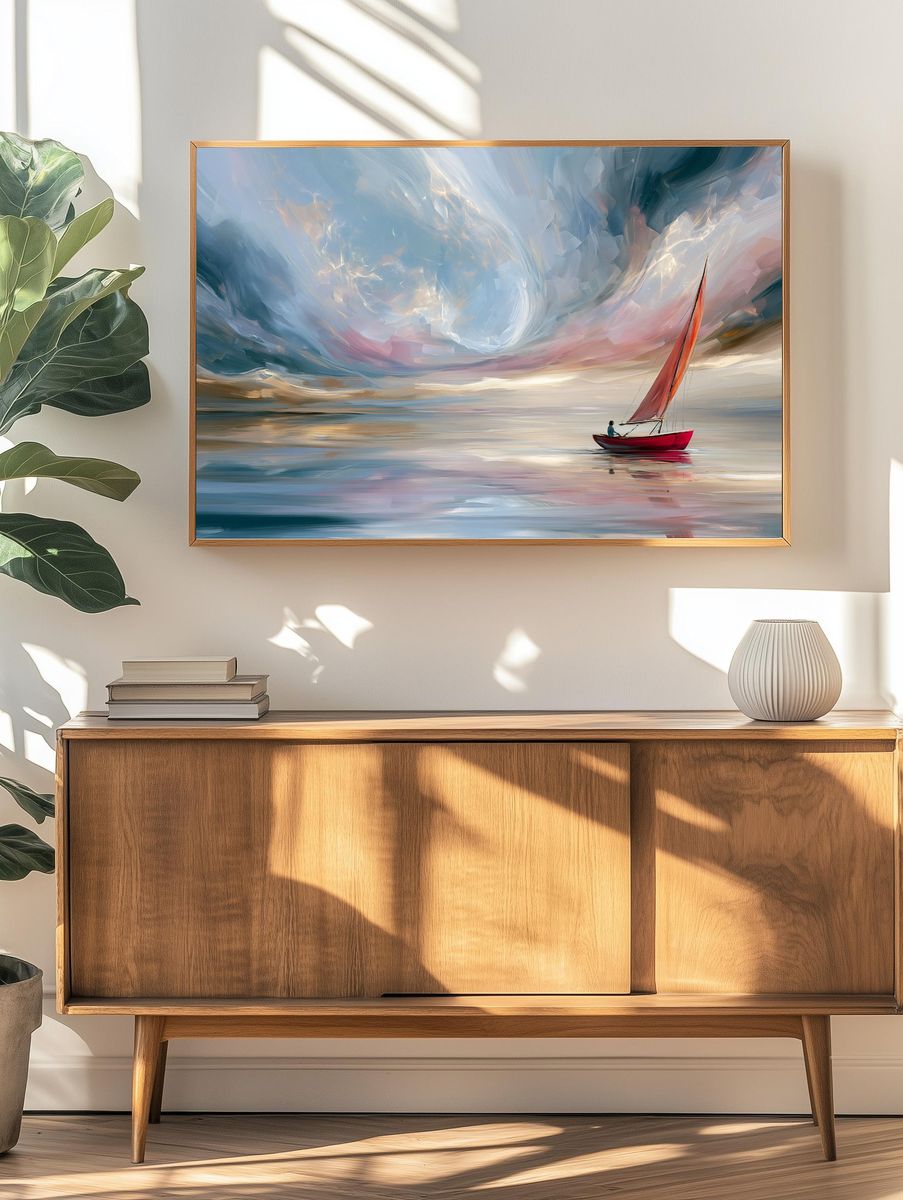 Red Sailboat Dreamscape Print. — room view 3