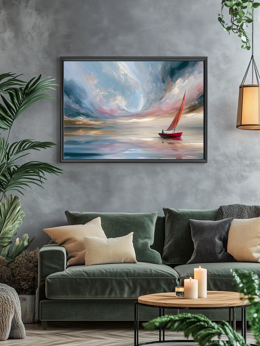 Red Sailboat Dreamscape Print. — room view 4
