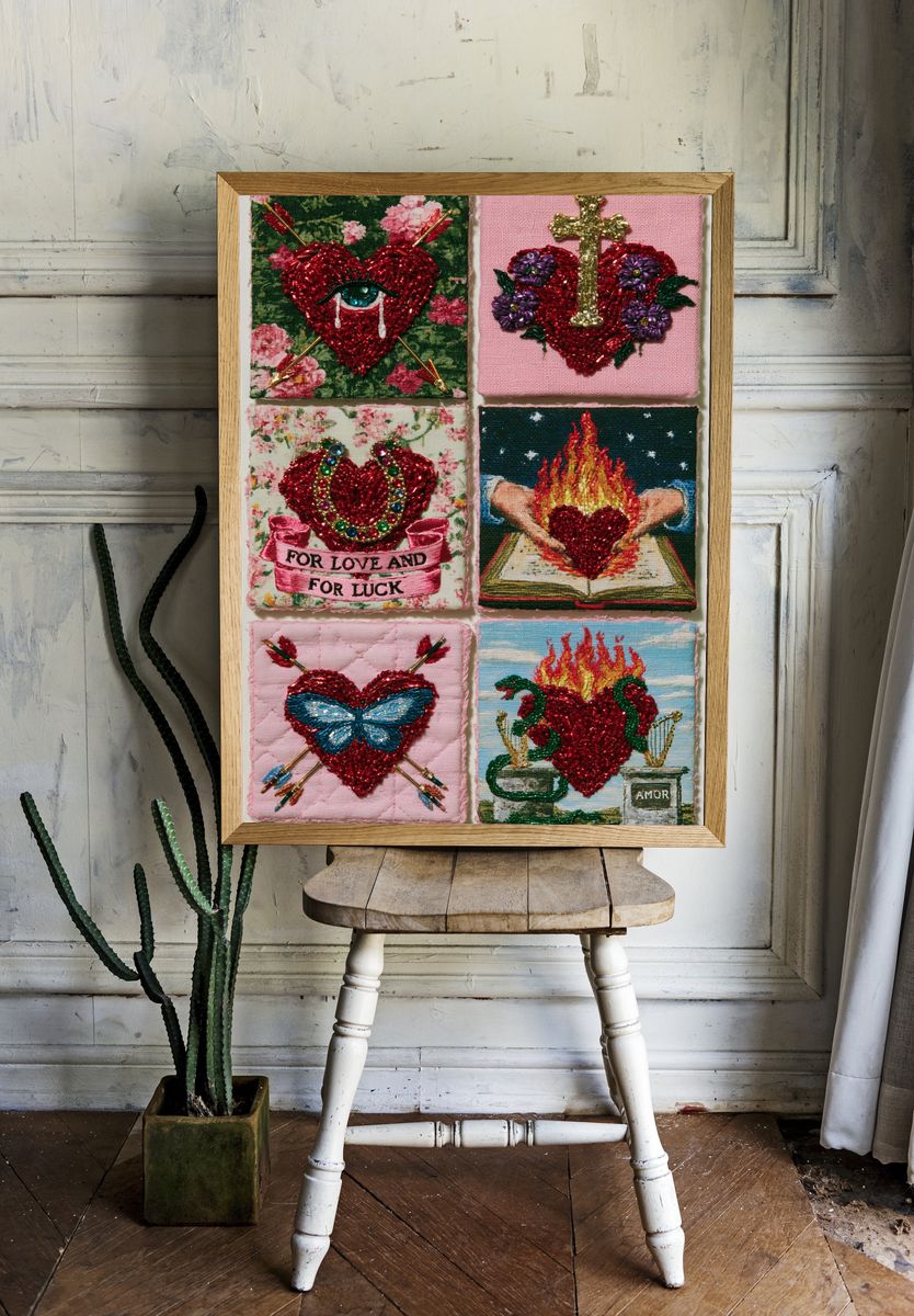 Embroidered Hearts Collage Print. — room view 1