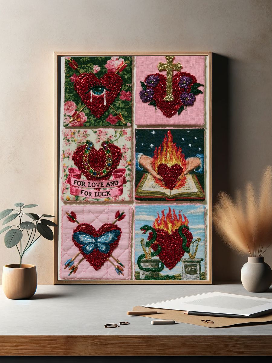 Embroidered Hearts Collage Print. — room view 2