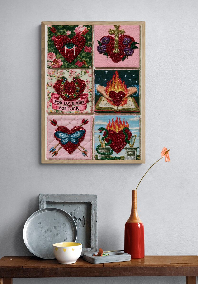Embroidered Hearts Collage Print. — room view 3