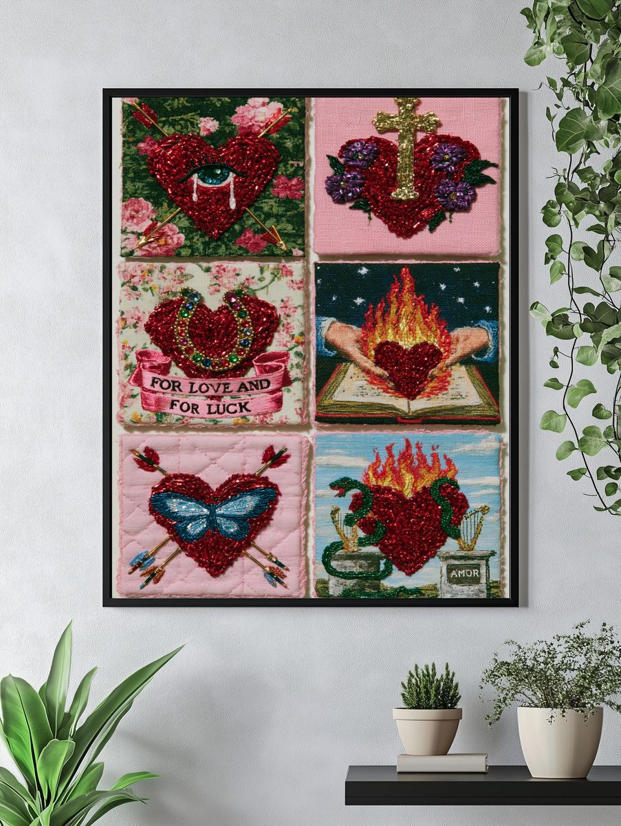 Embroidered Hearts Collage Print. — room view 4