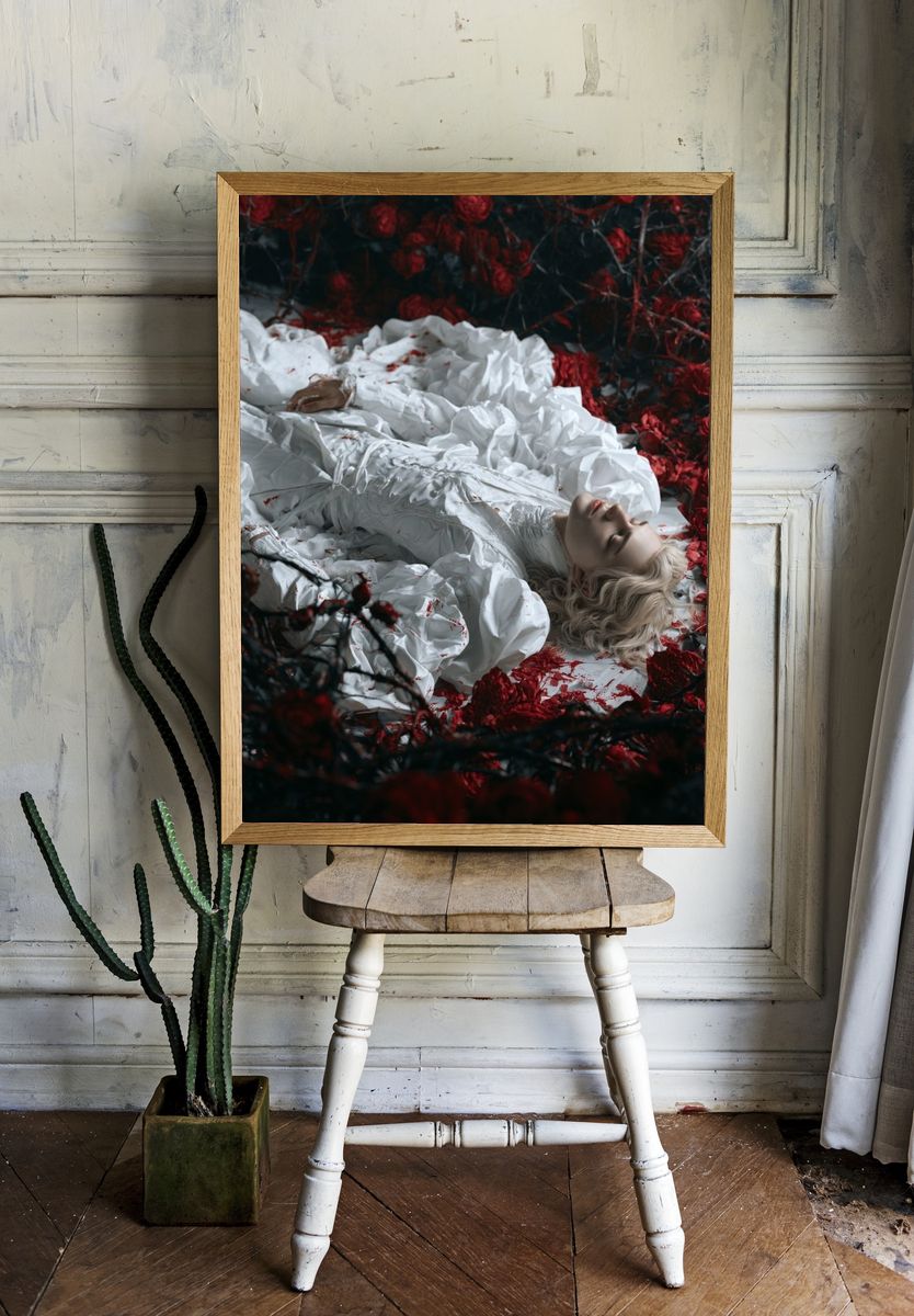 Surreal Red Roses Portrait Print. room preview