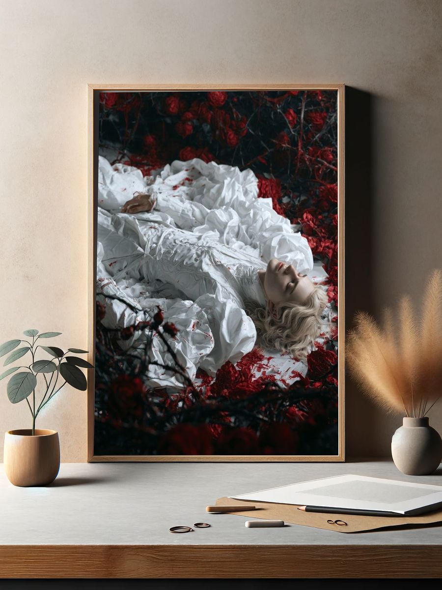 Surreal Red Roses Portrait Print. — room view 2