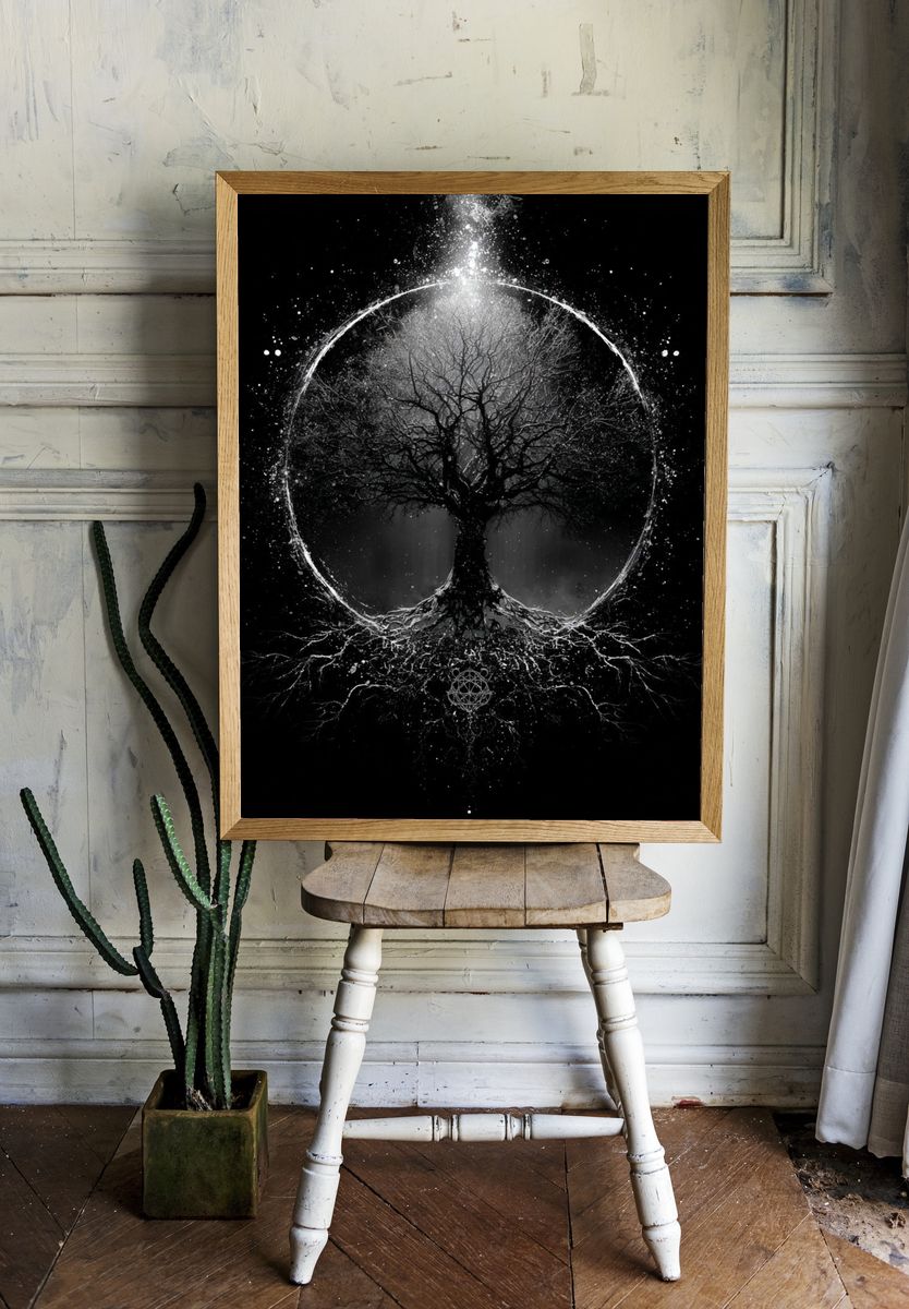 Mystic Tree of Life Black-White Print room preview