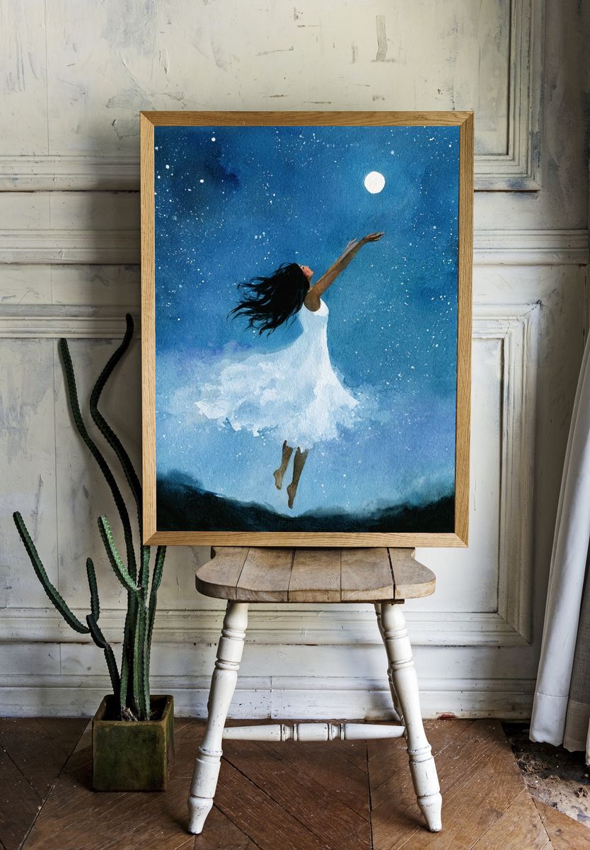 Moonlit Dancer Watercolor Print. room preview