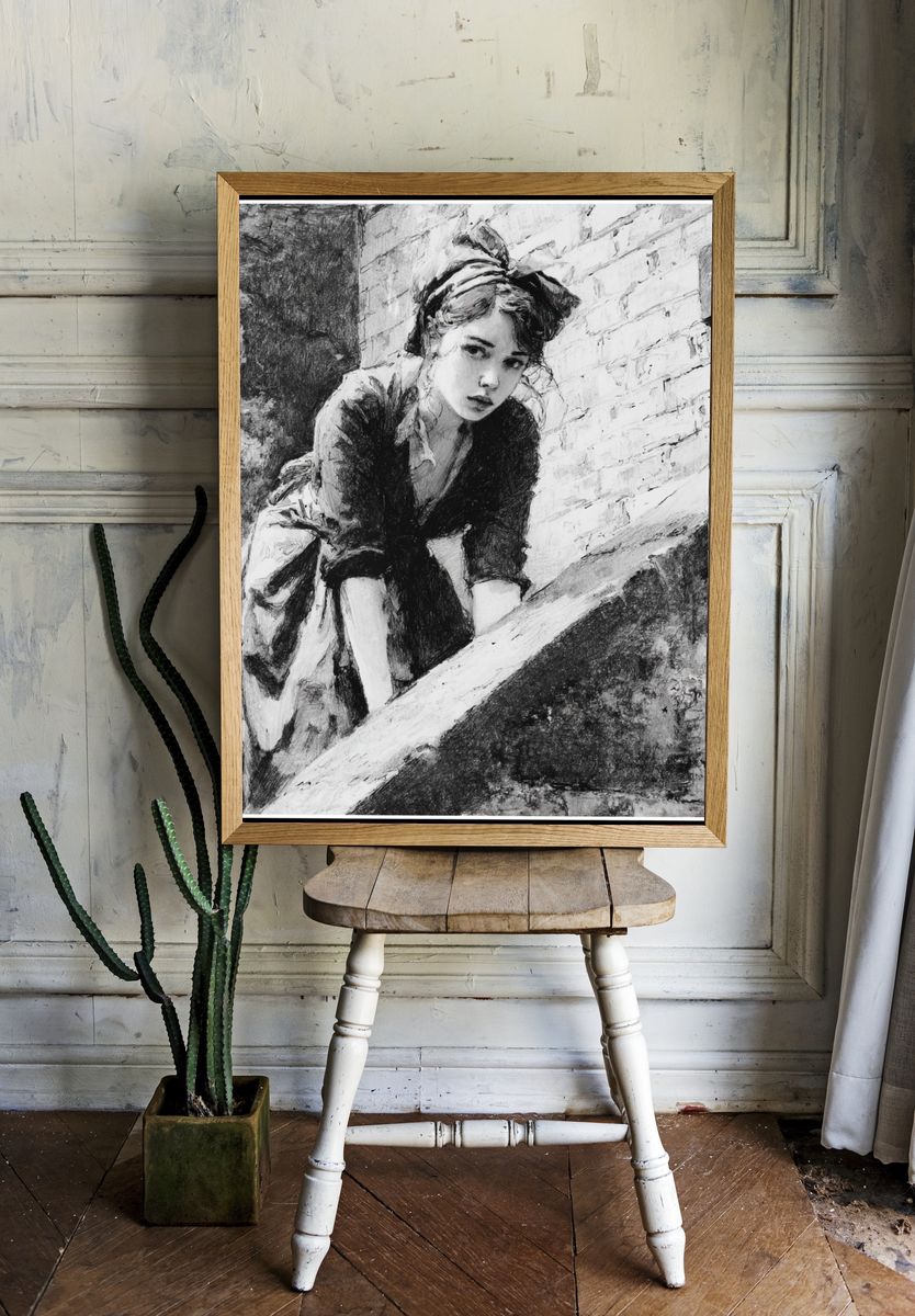 Woman on Stairway Sketch Poster. — room view 1