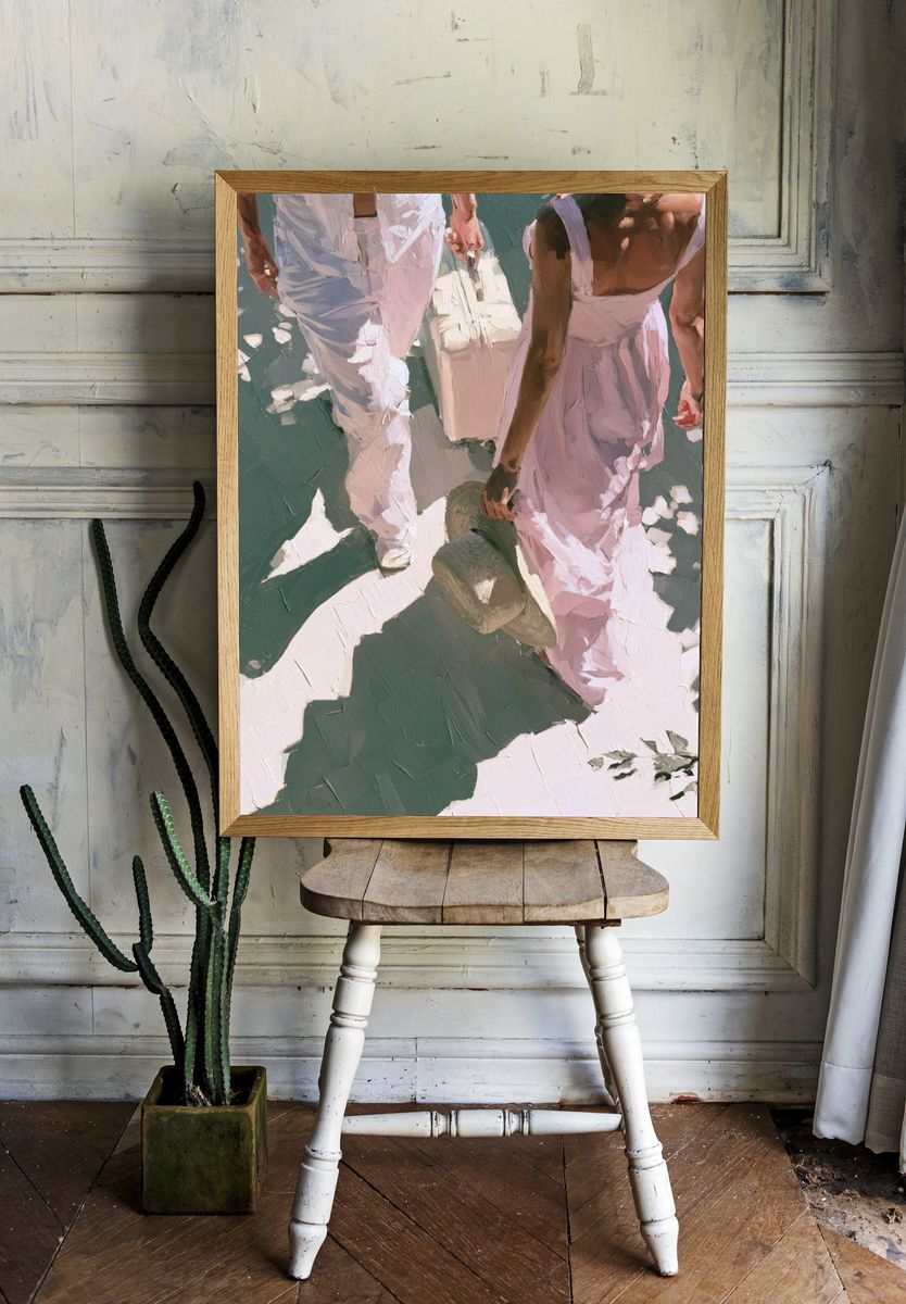 Couple Walking in Sunlit Street Poster. — room view 1